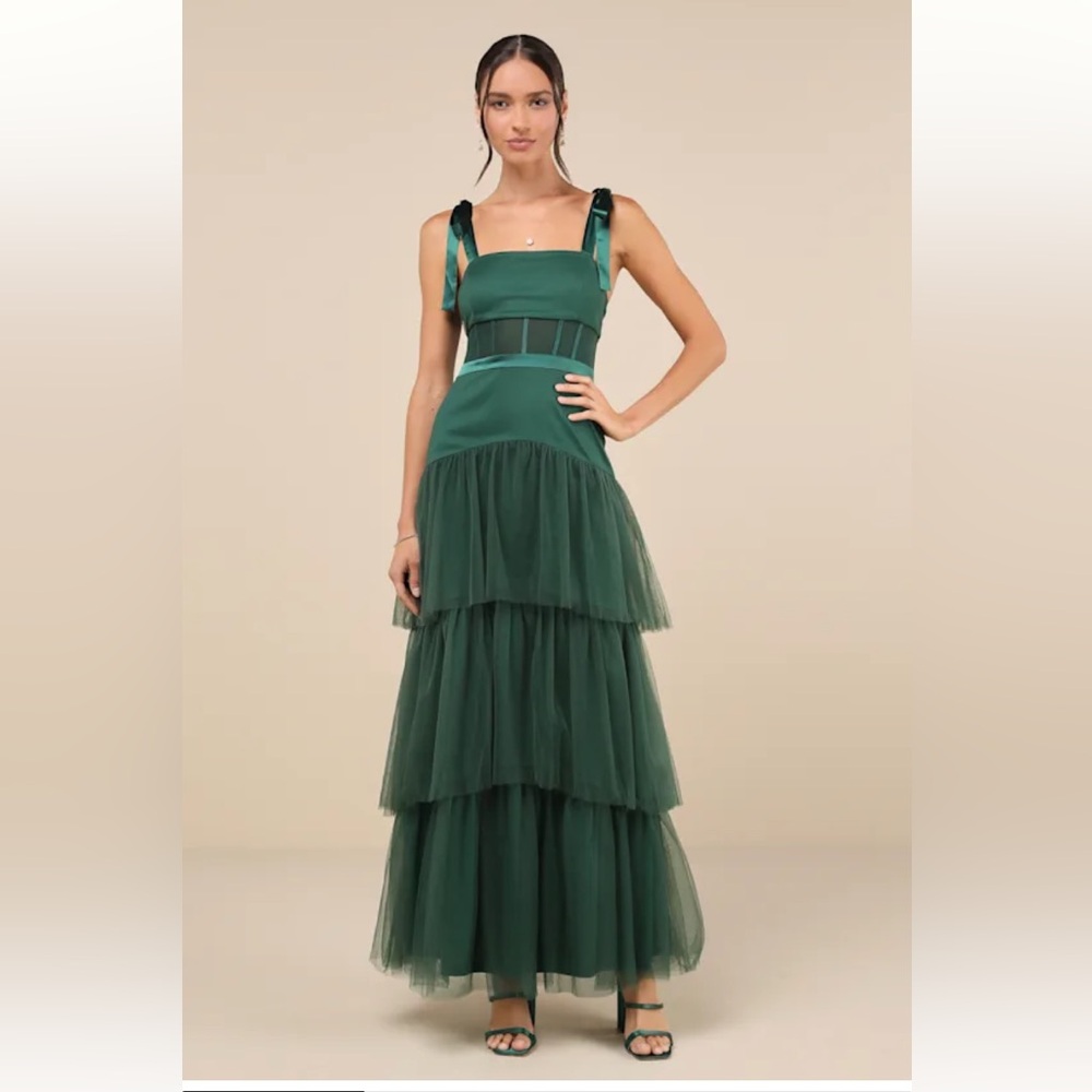 Lulus Enticing Mystique Dark Green Tulle Tie-Strap Tiered Maxi Dress - Size M